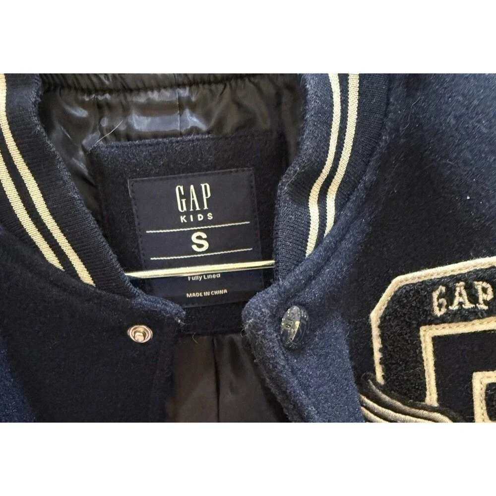 Gap Kids Varsity Bomber Letter Jacket Navy Blue Sleeves Sz Small Lined Athletic